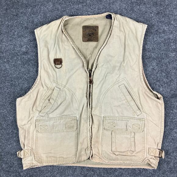Bass Outdoors Vest Mens Size XL Tan Cotton Leather Trim Utility Fishing Pockets - Picture 1 of 9